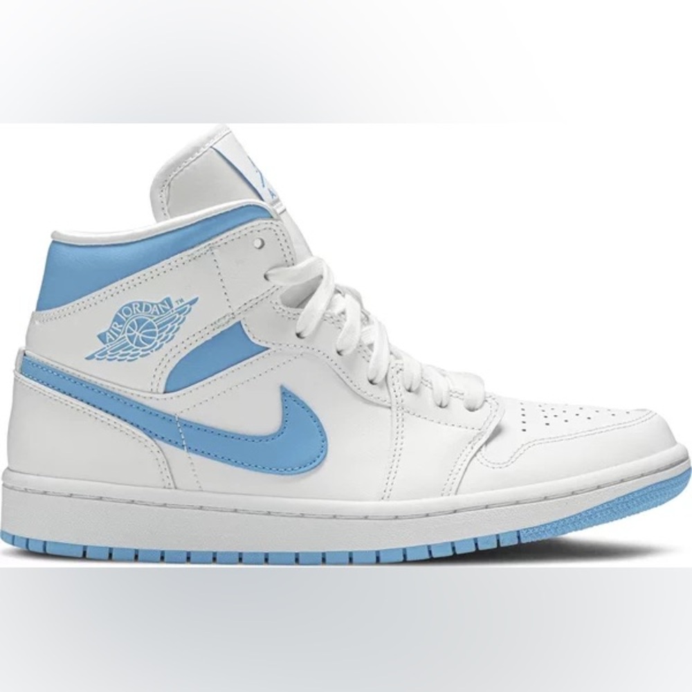 White and light blue Air Jordans 1 Mid ‘UNC’